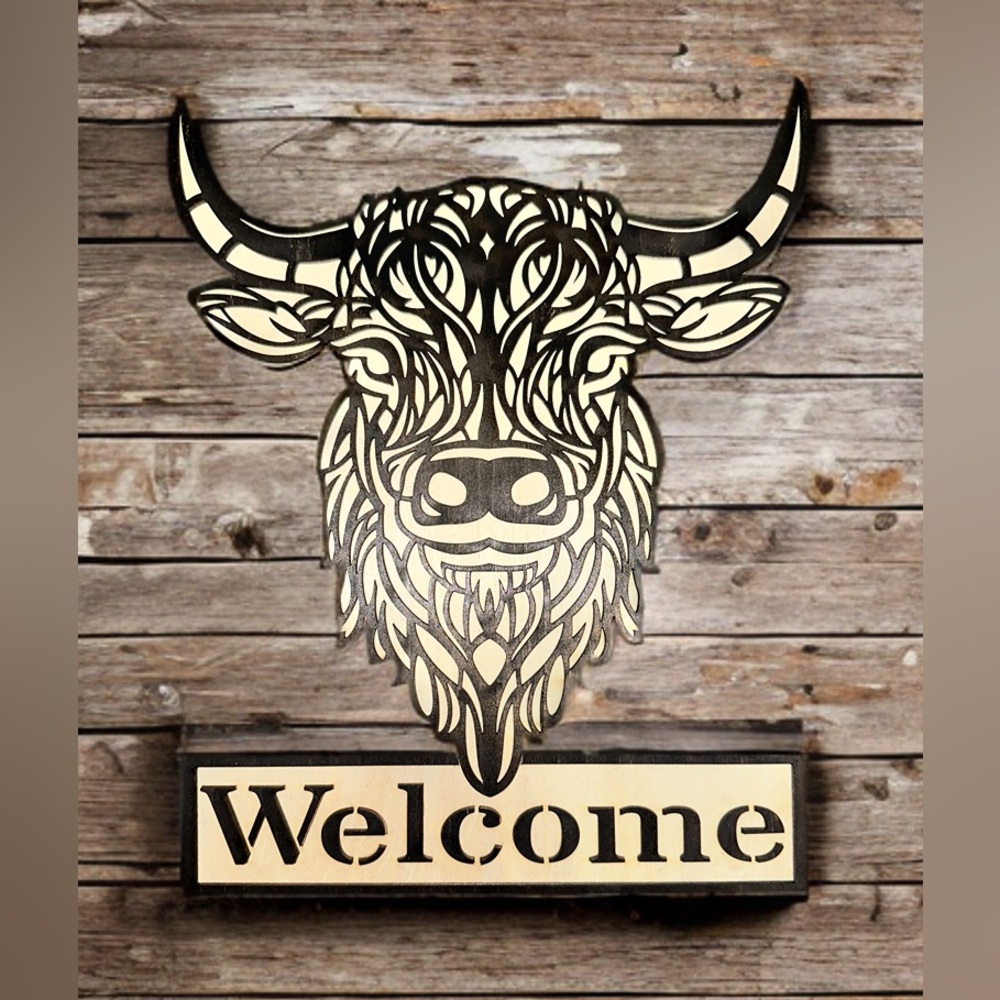 Hand Crafted Highland Cow Welcome Sign